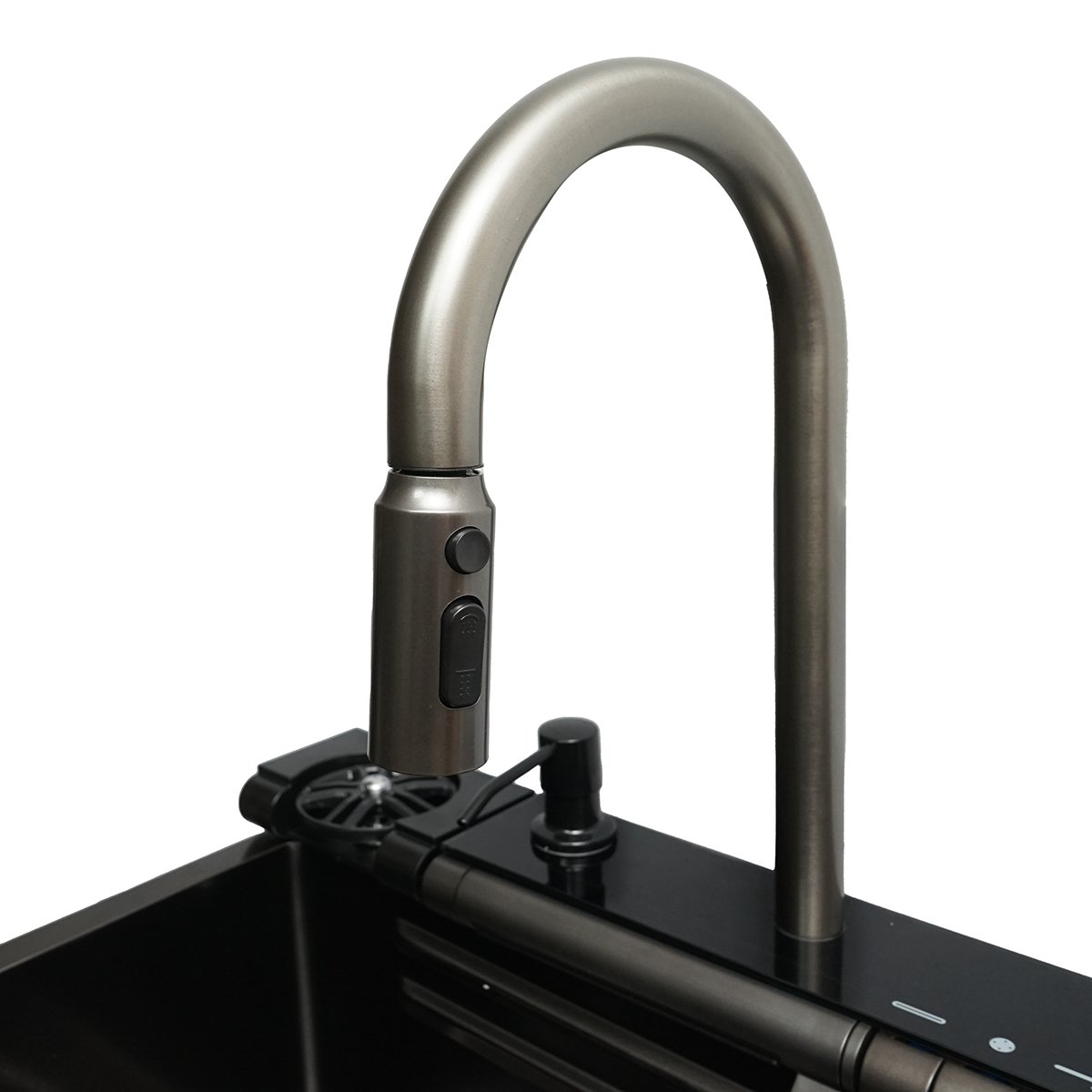 Chiuveta bucatarie multifunctionala cu doua baterii, otel inoxidabil cu afisaj digital temperatura, doua cascade, spalator pahare, scurgator, tava, tocator si accesorii incluse, dimensiune 75x46x22cm
